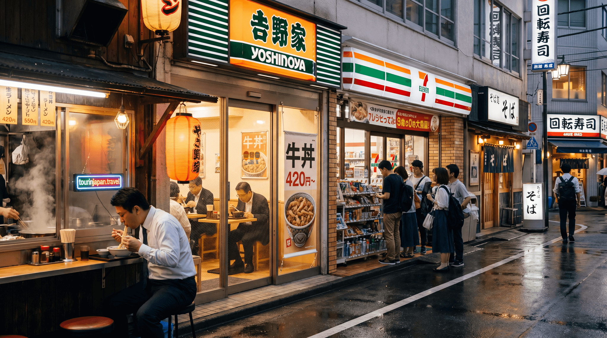 Featured image for Cheapest Places to Eat in Japan: Gyudon Chains, Convenience Stores, Ramen with discreet tourinjapan.travel mark