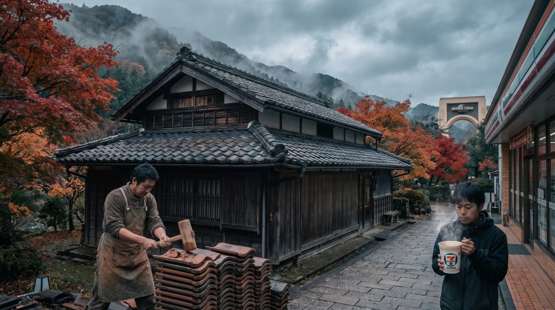 Craftsman stacking handmade roof tiles outside a wooden workshop on a misty autumn street