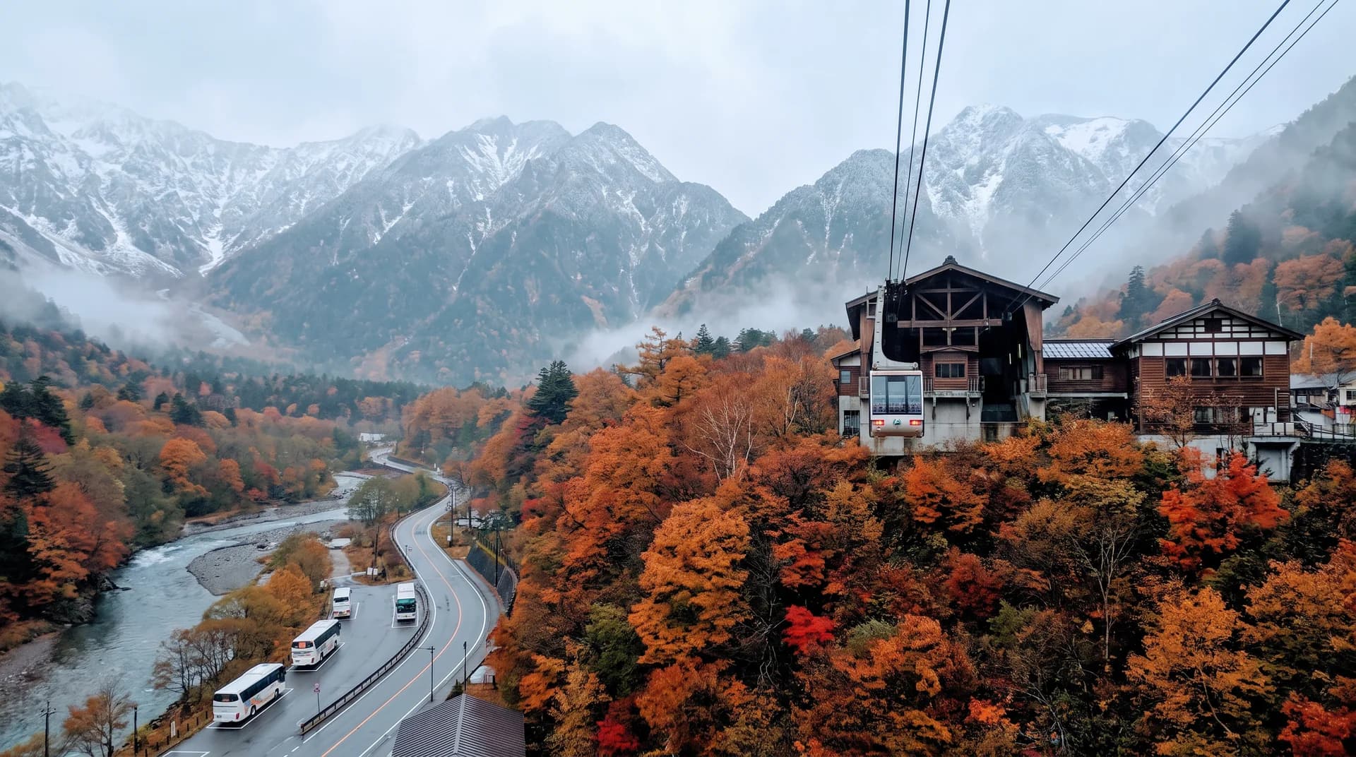 Scenic landscape of snow-capped Japanese Alps with a winding road and a cable car ascending a steep mountain slope under a blue sky.