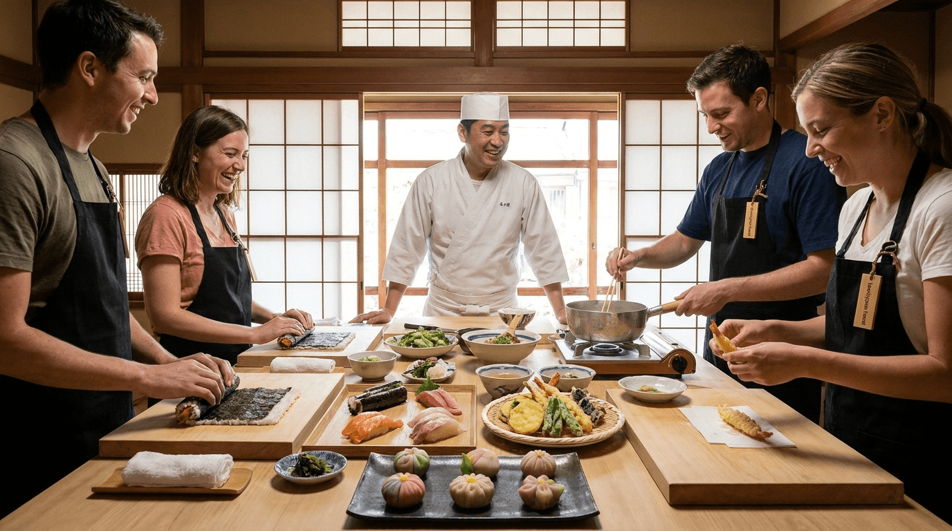 Tour in Japan featured image for Best Cooking Classes in Japan: Sushi, Ramen, Tempura, Wagashi with discreet tourinjapan.travel mark