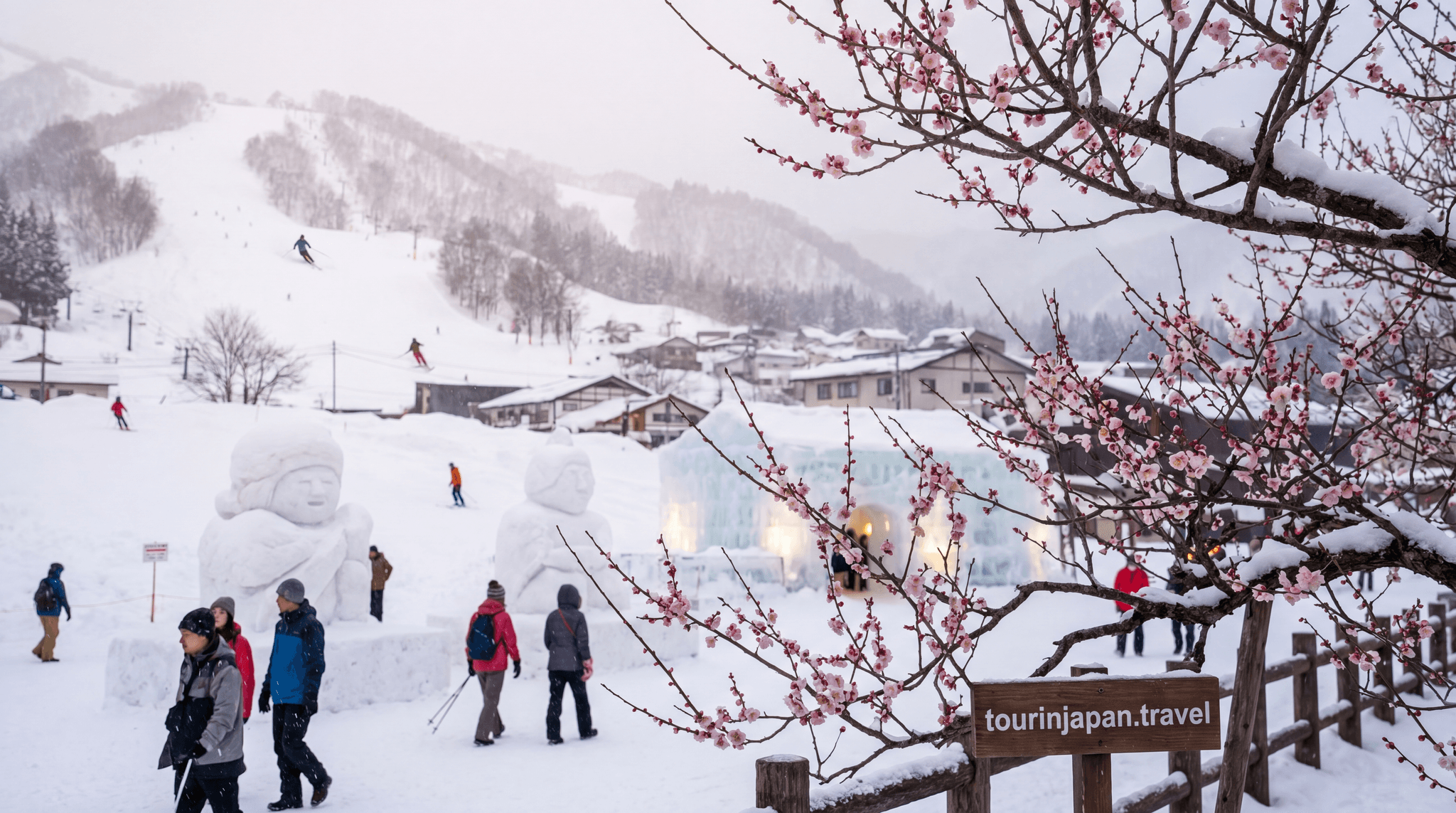Featured image for Japan in February: Plum Blossoms, Ski Season Peak, and Sapporo Festival with discreet tourinjapan.travel mark