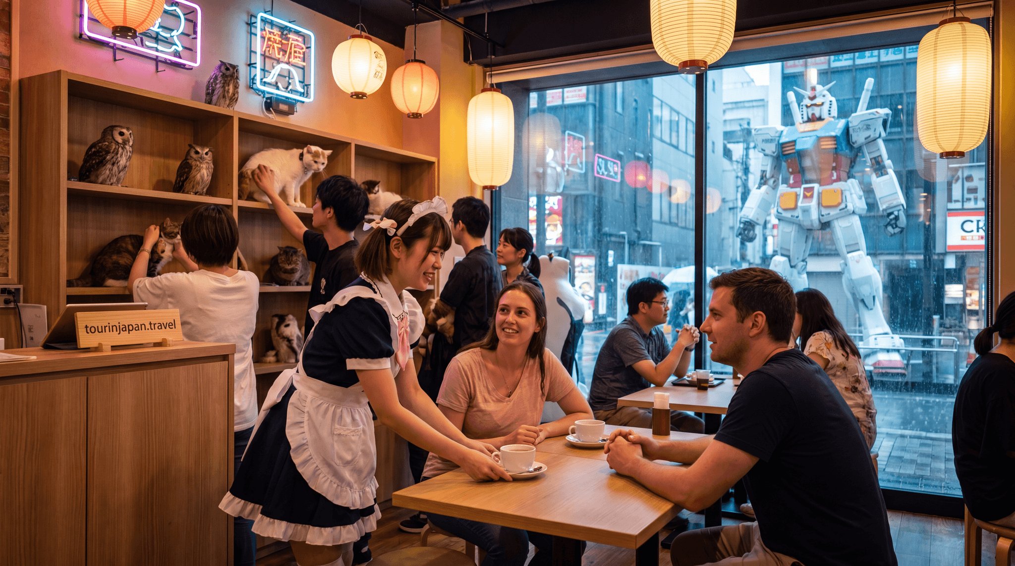 Featured image for Japan's Best Themed Cafes: Maid, Cat, Owl, Gundam, and More with discreet tourinjapan.travel mark