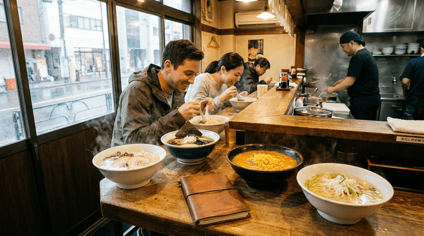 Tour in Japan featured image for Japanese Ramen Types Explained: Tonkotsu, Shoyu, Miso, Shio with discreet tourinjapan.travel mark