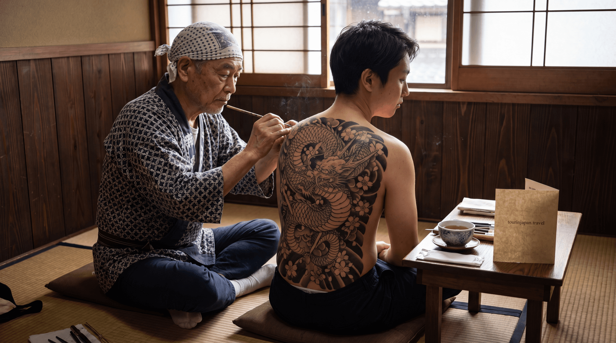 Featured image for Japanese Tattooing (Irezumi): History, Culture, and Modern Artists with discreet tourinjapan.travel mark
