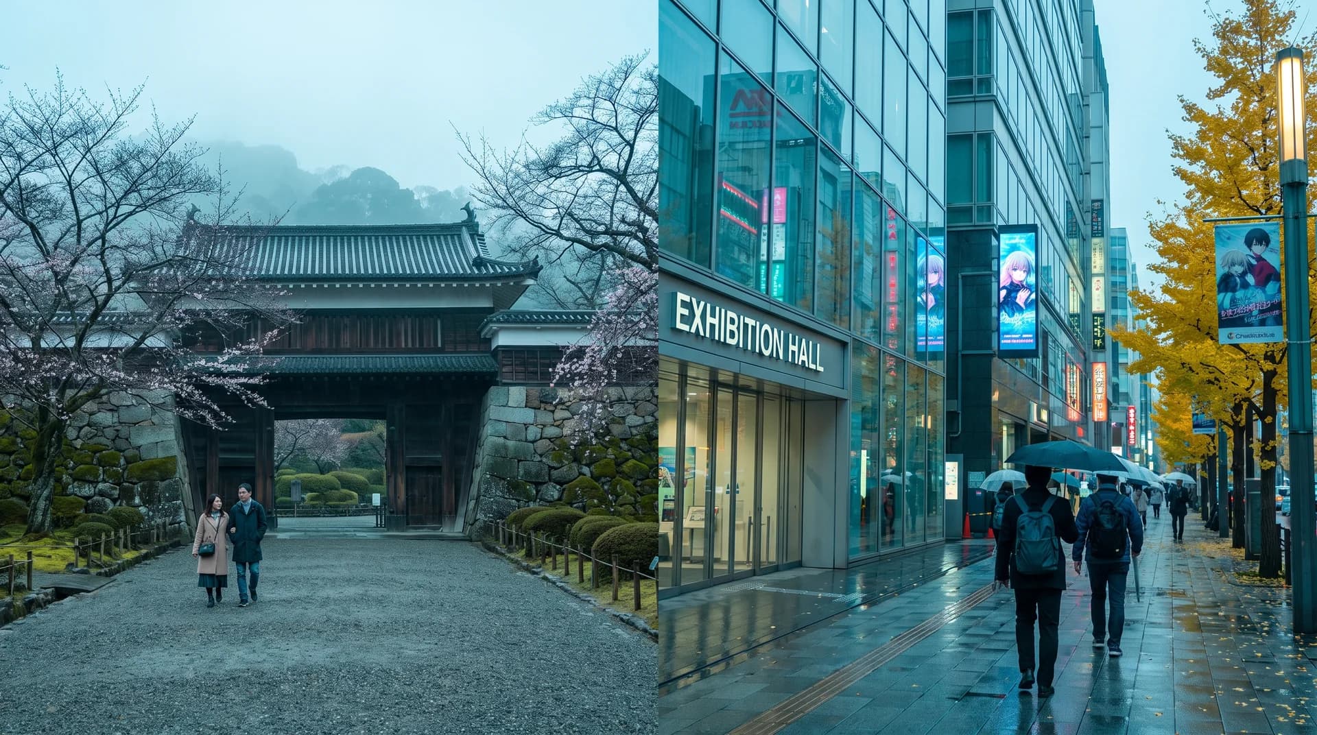 Split image showing traditional Kyoto castle architecture on the left and vibrant modern Tokyo anime art on the right with a teal and orange palette.