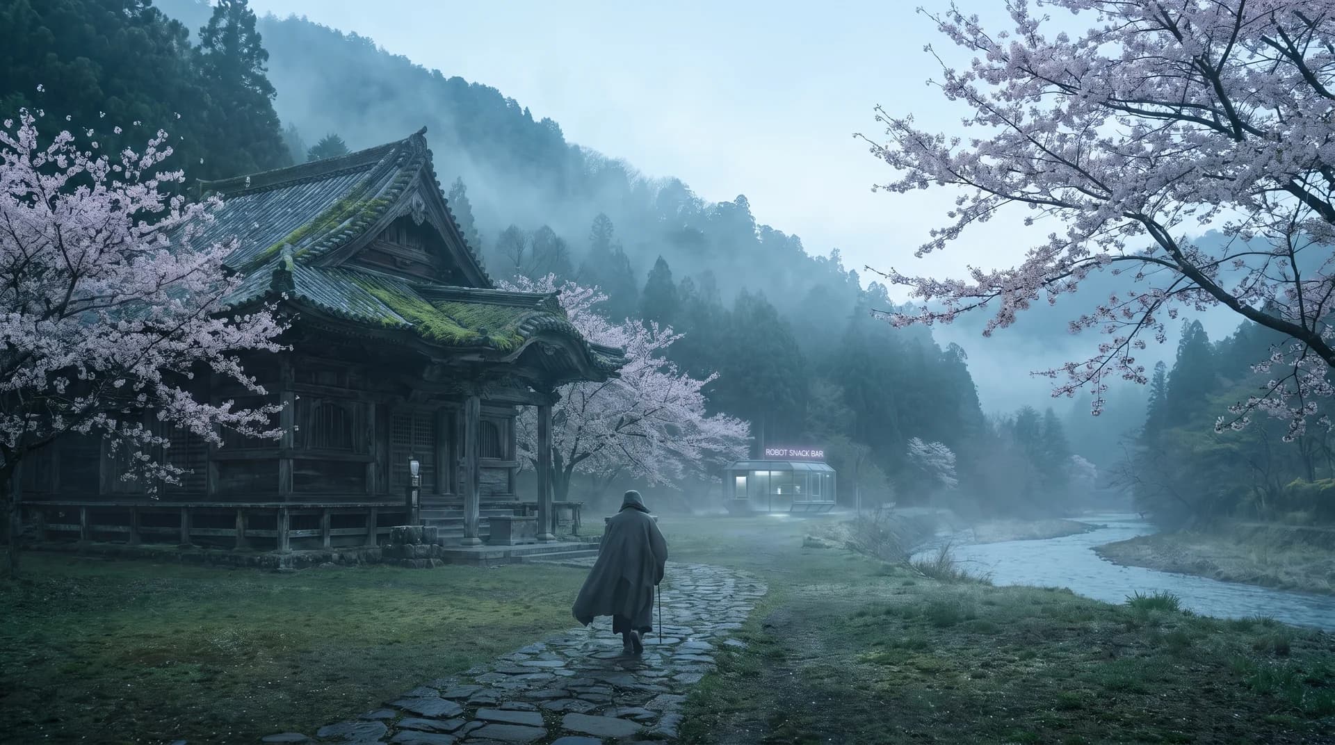 Peaceful stone lantern in a misty Kyoto bamboo forest at dawn, soft morning light, muted green tones.