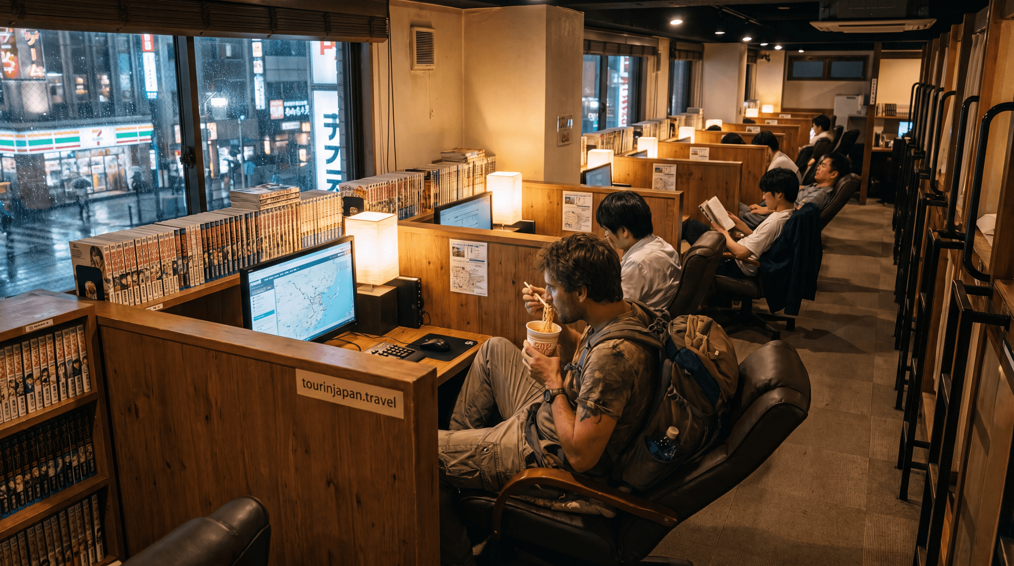 Featured image for Manga Kissa (Internet Cafes) as Accommodation: Budget Hack Guide with discreet tourinjapan.travel mark