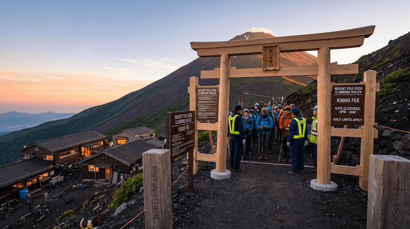 Featured image for Mount Fuji 2026 Climbing Rules: Fee, Gate Closures, New Regulations with discreet tourinjapan.travel mark