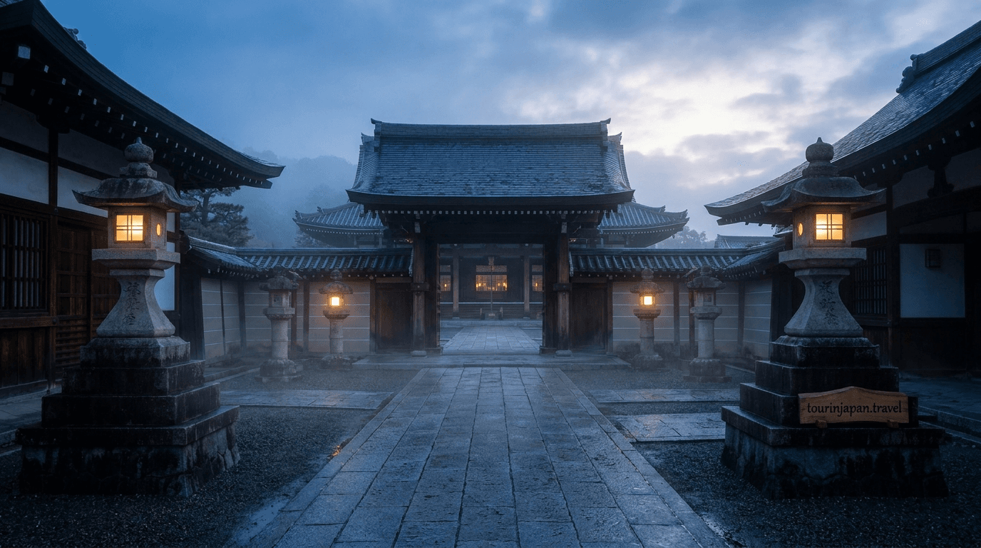 Empty Kyoto temple at dawn for Shooting Temples at Dawn guide, with discreet tourinjapan.travel mark