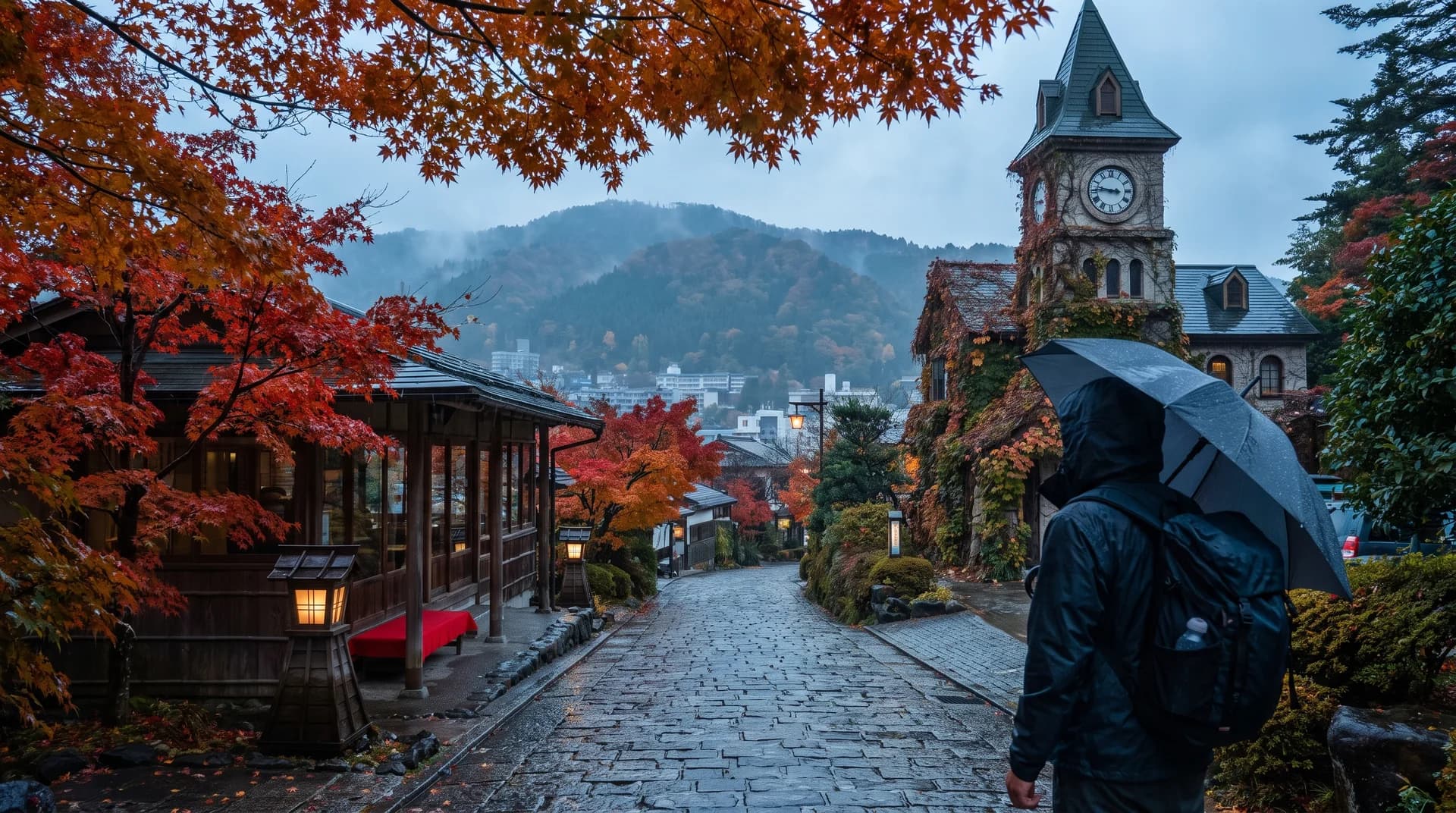 Cozy street scene in Tokyo with red autumn maple leaves, a traditional wooden cafe, and a person holding a clear umbrella.