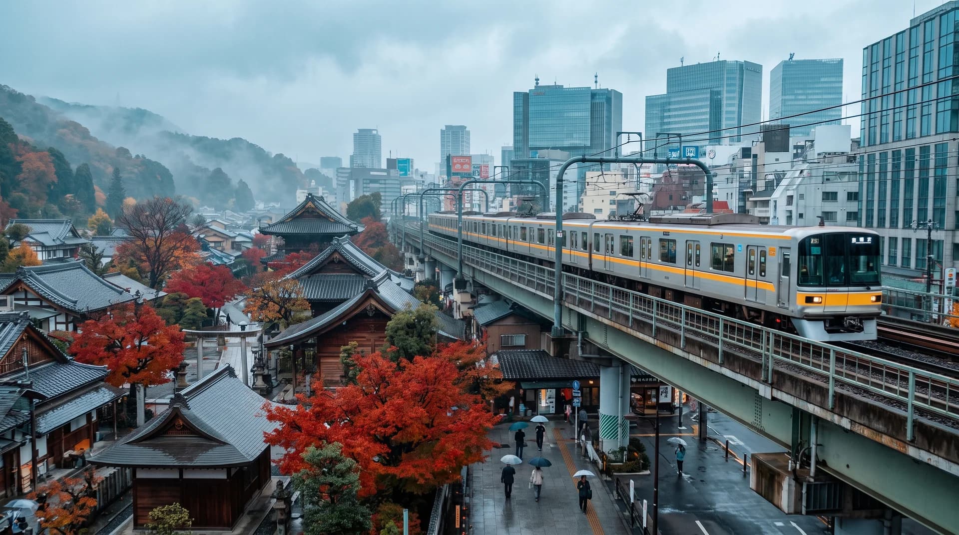 Aerial view of Tokyo streets with a red subway line overlay, connecting traditional temple architecture to modern skyscrapers.
