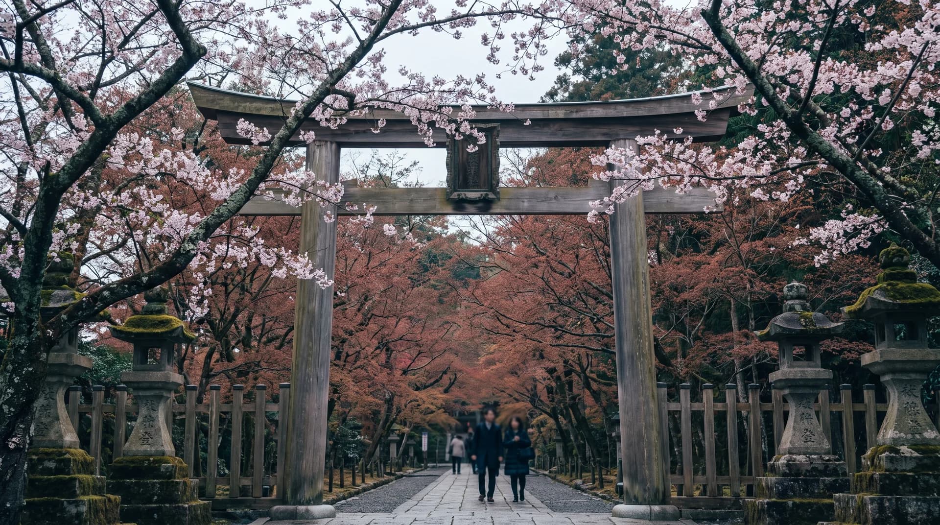 Split screen photo showing a bustling Tokyo street scene and the red torii gates of Fushimi Inari shrine in Kyoto.