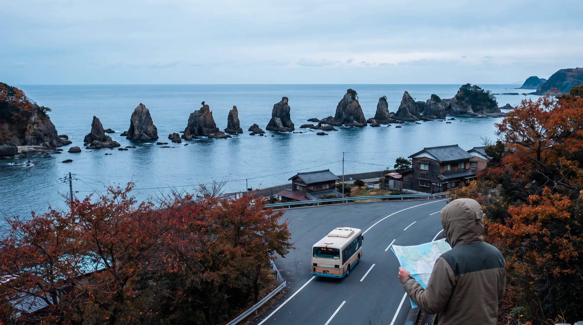 Traveller holding a map above the Hashigui-iwa rock pillars on the Wakayama coast