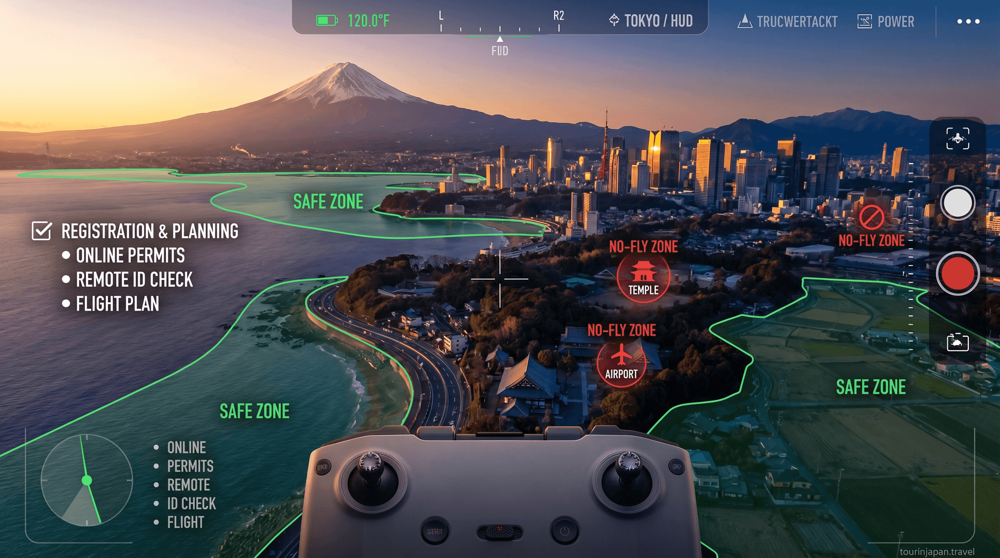 Japan drone photography 2026 guide with Mount Fuji, drone HUD safe-flight zones, and discreet tourinjapan.travel mark
