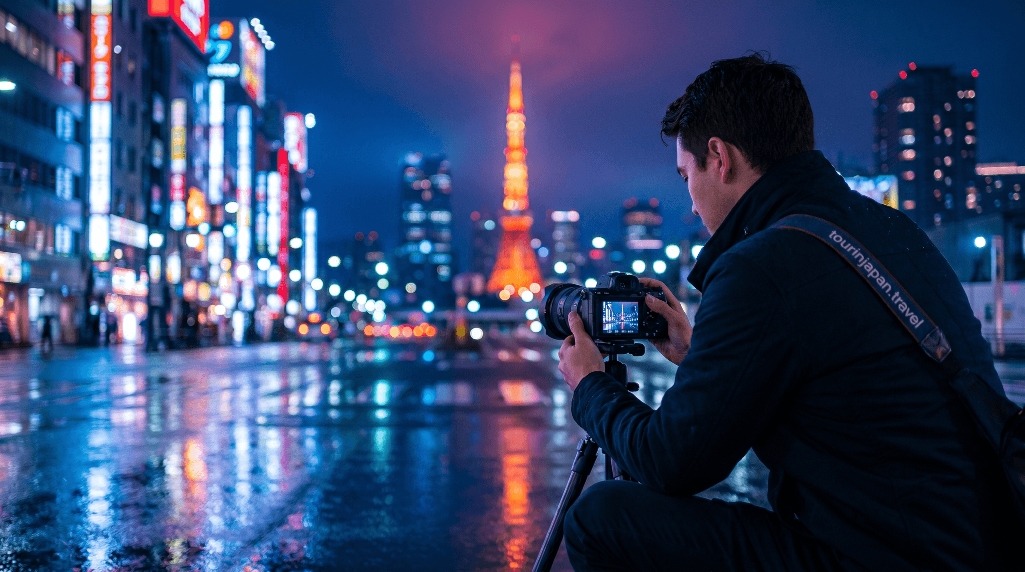 Best night photography spots in Tokyo with photographer, Tokyo Tower, neon reflections, and discreet tourinjapan.travel mark